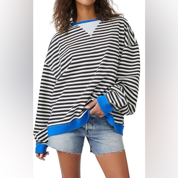 We The Free Striped Sweatshirt In Black/White/Blue French Terry Crewneck SZ S - Picture 13 of 16